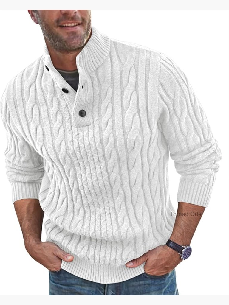 Men's Stand Collar Cable Knit Pullover Sweater Buttons